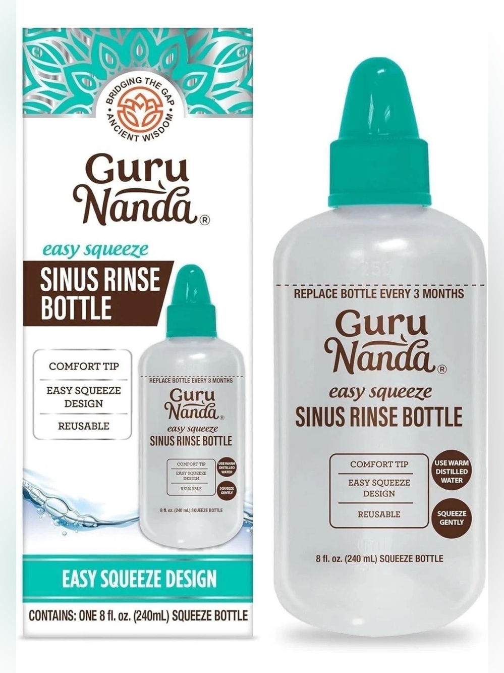 🆕 GuruNanda Sinus Rinse Bottle Easy Squeeze Comfort Tip BPA Free for Nasal Rinse